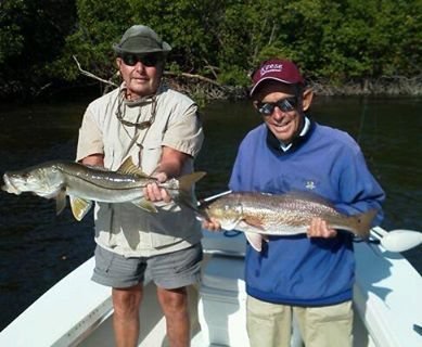 Brothers Bill and Jack Forte' doubled up on 30 inch snook and 30 inch redfish in one backcountry hole! Released 11/14/13