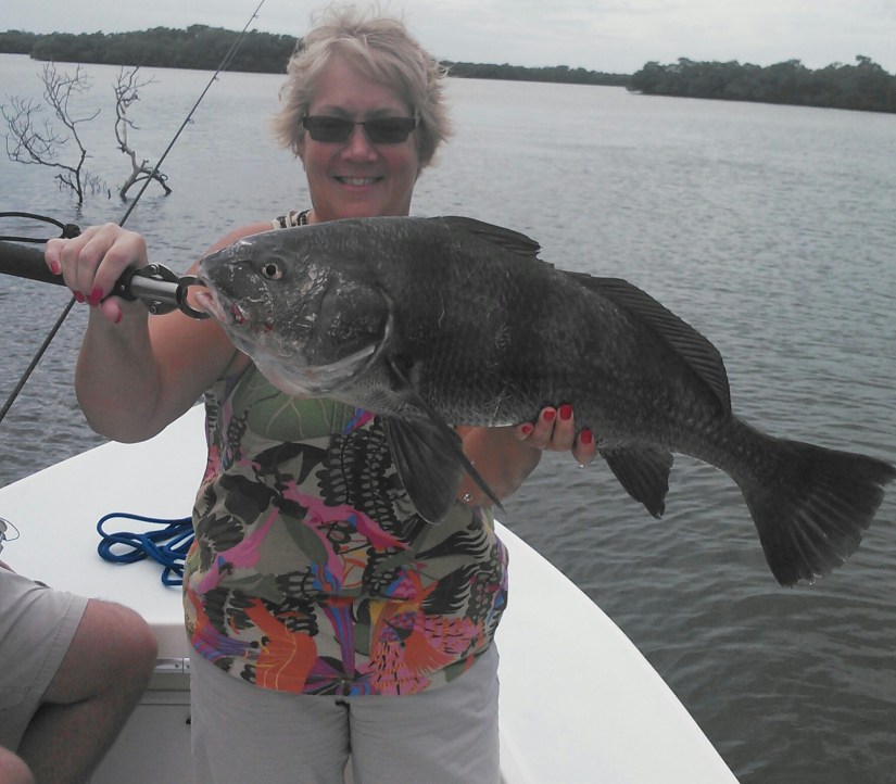 Black drum are a typical target during the cooler months. Jackie Strand caught this 12 lber. on a recent trip. 